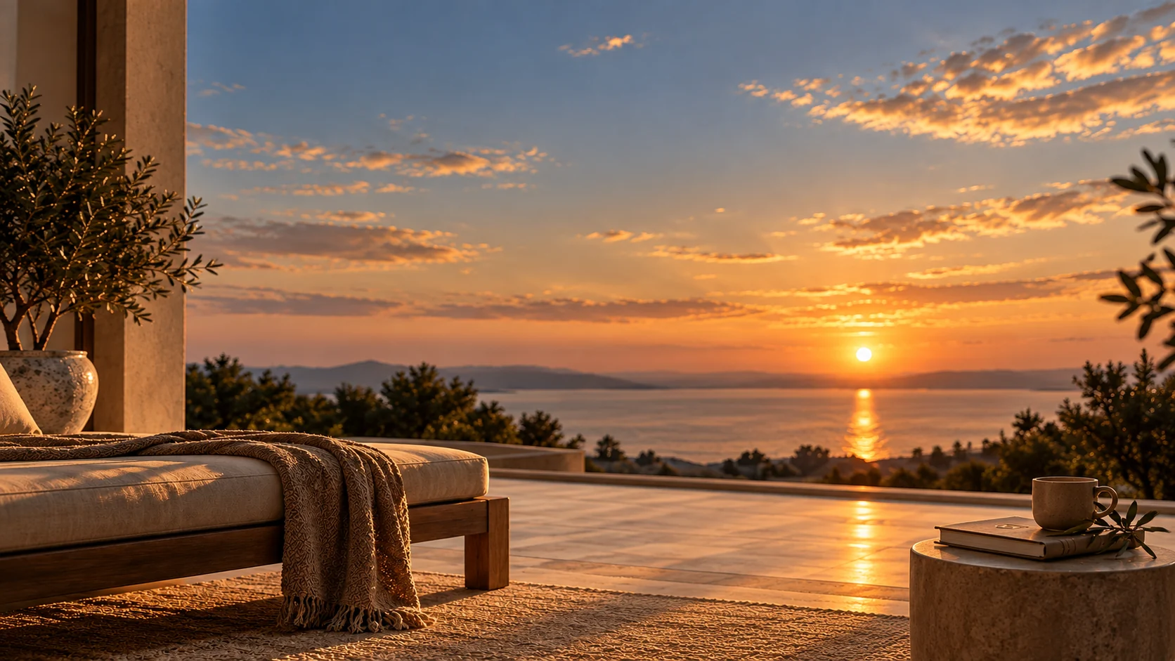 A quiet terrace at sunset, looking out over the sea.