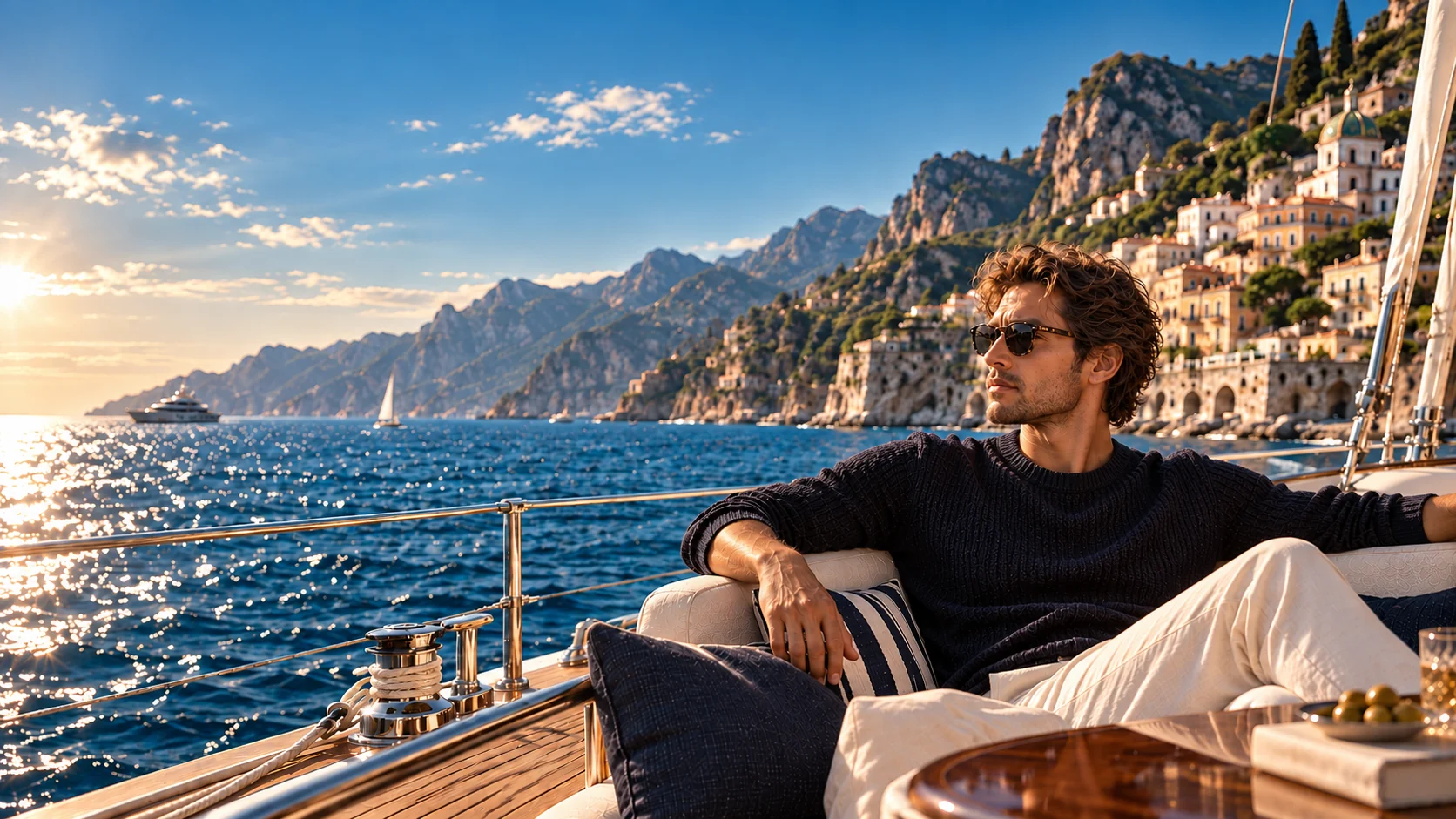 A man relaxing on the deck of a boat along a Mediterranean coastline of cliffs and harbour towns.