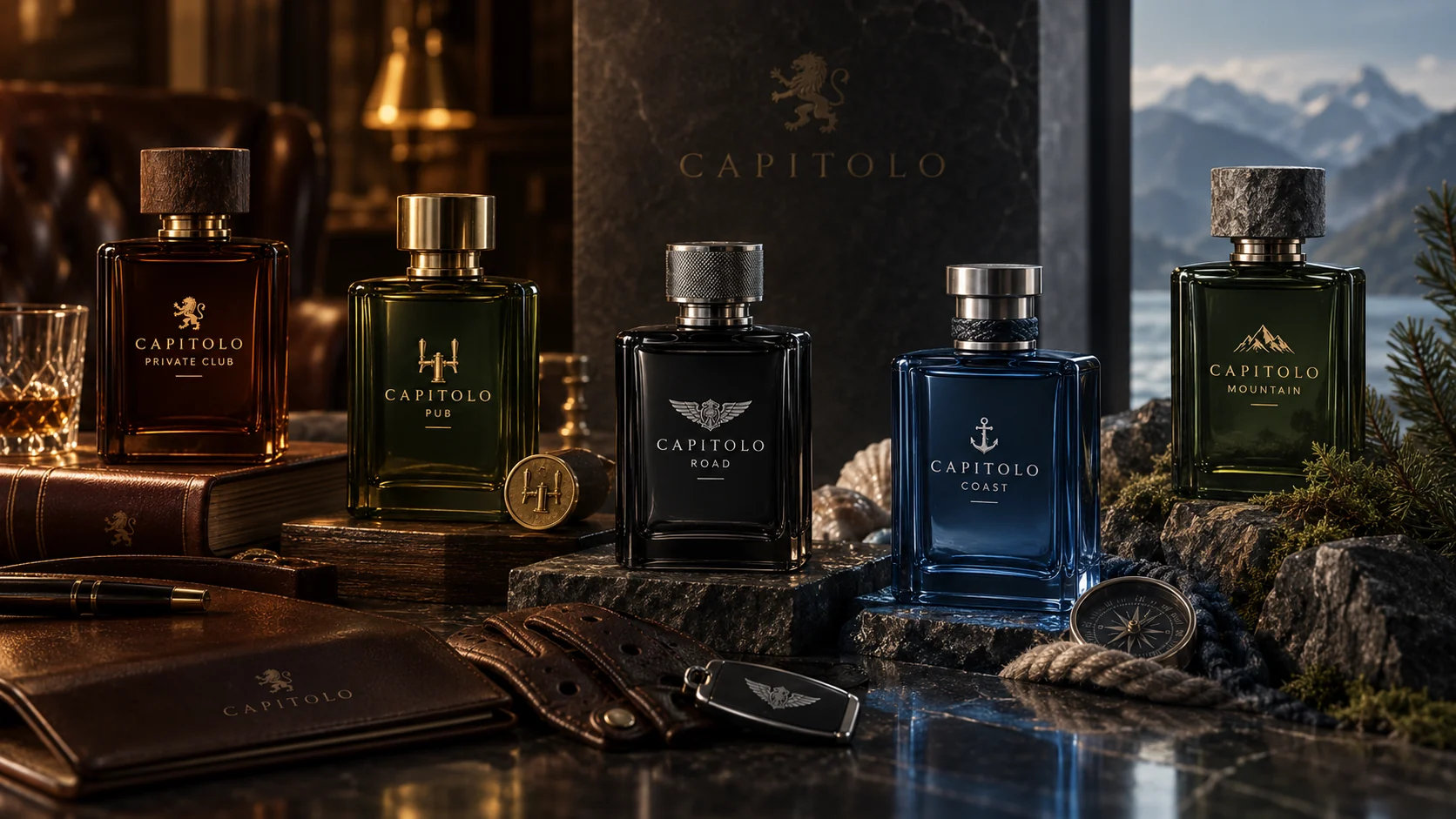 Five CAPITOLO fragrance bottles displayed across stone, books and coastal light.
