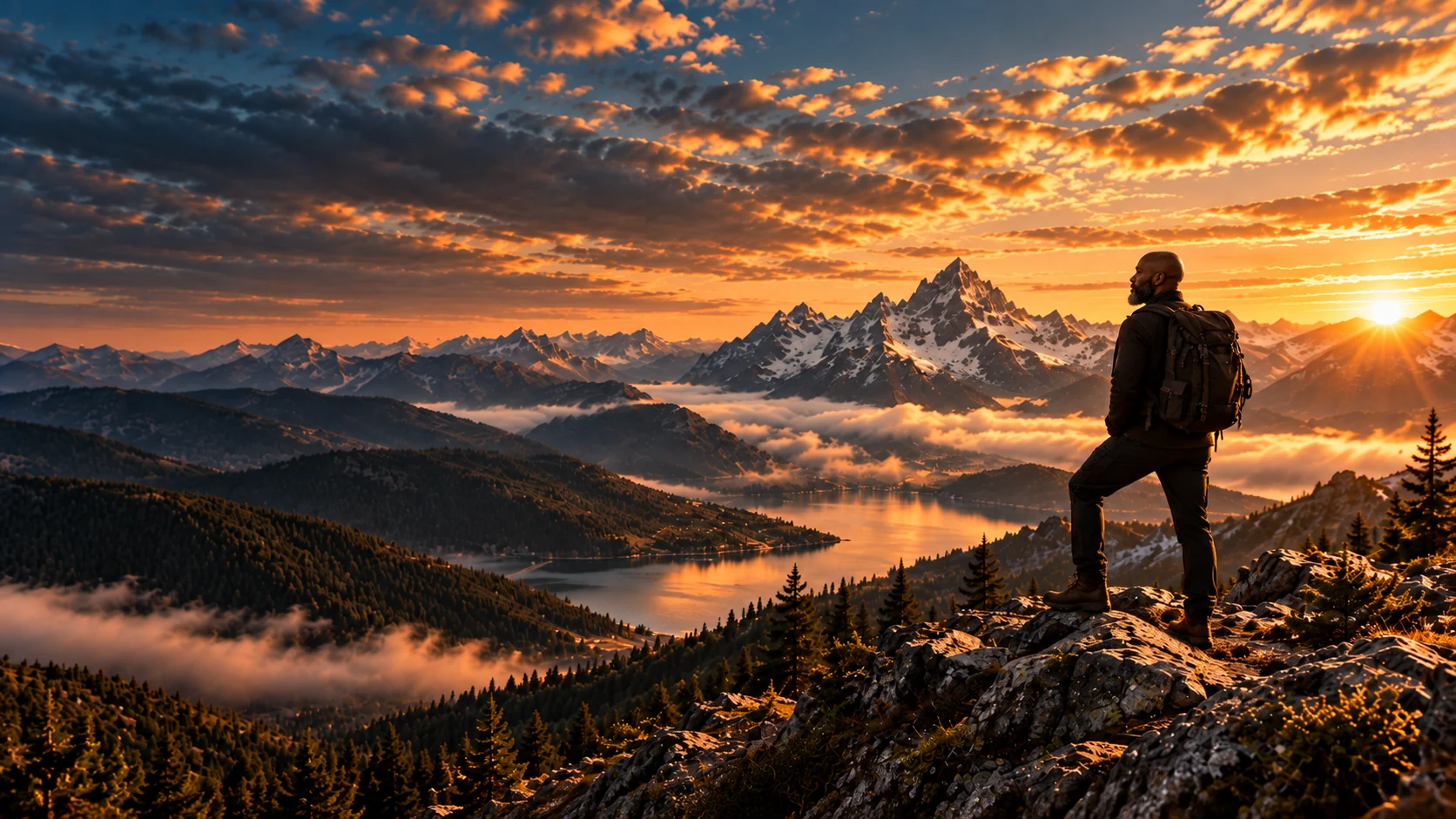 A hiker standing on a rocky summit at sunrise, looking over a valley of low cloud and snow-capped peaks.