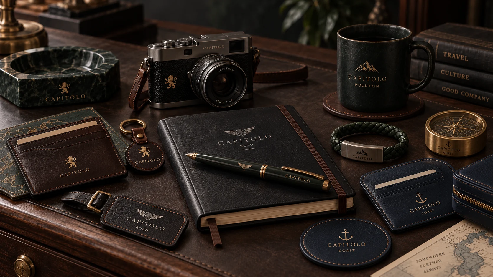 A still life of CAPITOLO objects — notebooks, leather goods and travel pieces on a dark desk.