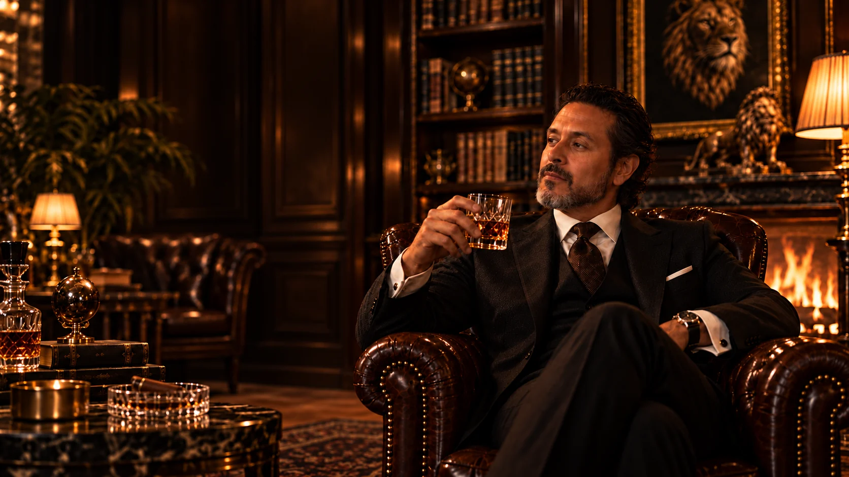 A man seated in a low-lit panelled club room, glass in hand, looking away toward the fire.
