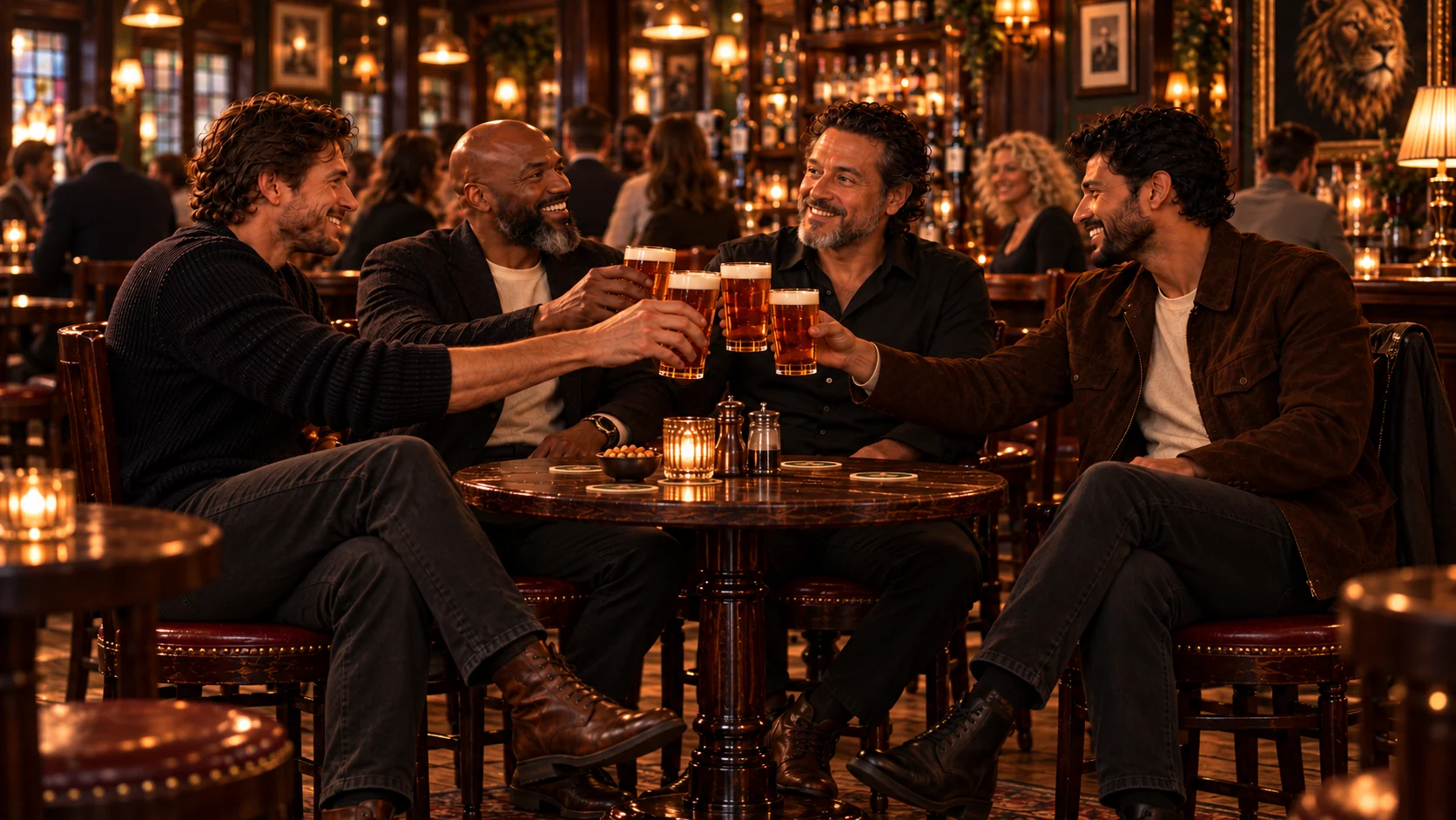 Four friends raising their glasses together around a pub table under warm brass lamplight.