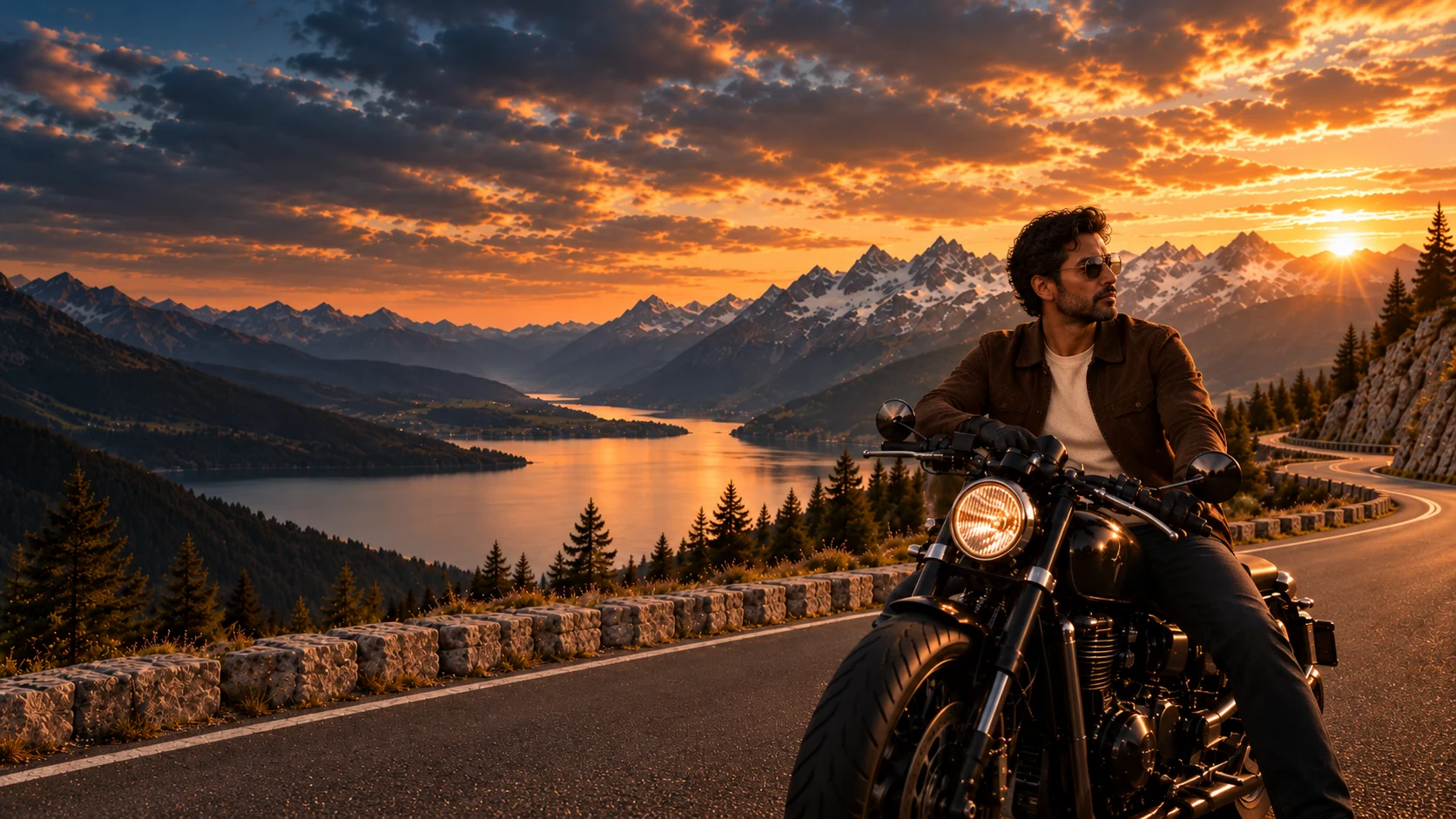 A rider resting on a motorcycle beside a mountain road at dusk.